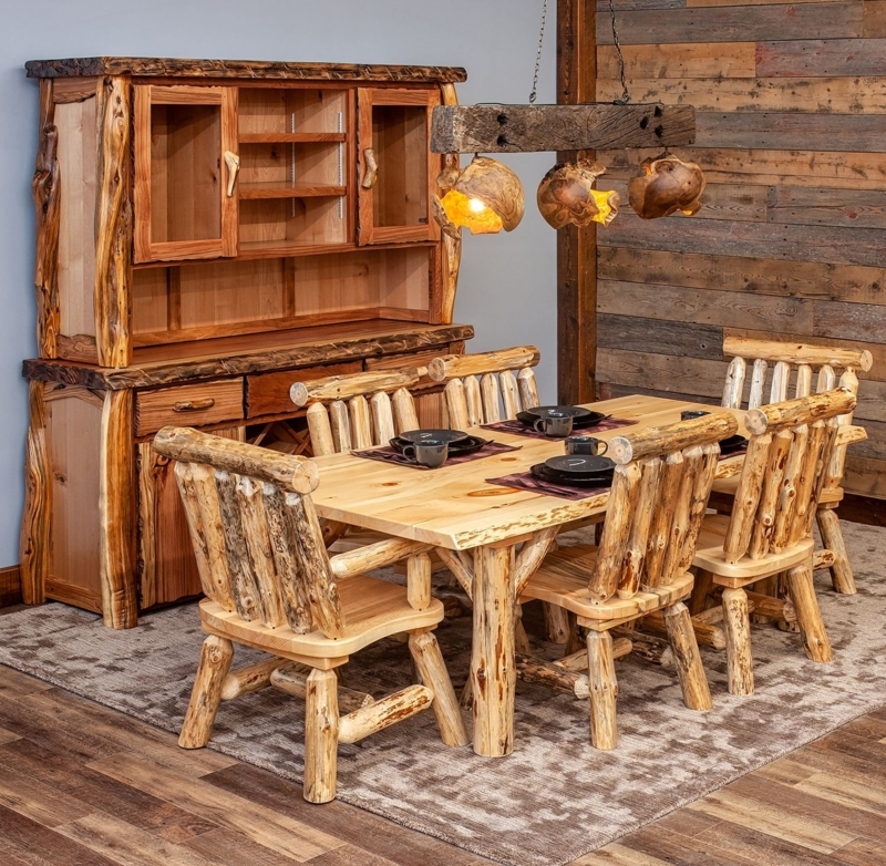 Dining Table Featuring Natural Live Edge Slab Top and Log Trestle Base