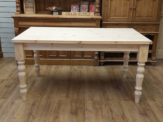 Dining Table Fluted Legs, Raw Wood Finish, Farmhouse Rectangular
