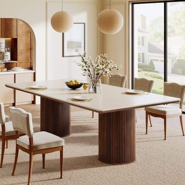Dining Table Fluted Pedestal Bases Sandstone Look Thick Top Luxury