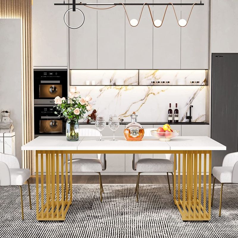 Dining Table, Geometric Gold Base with White Marbled Top, Glam Style.