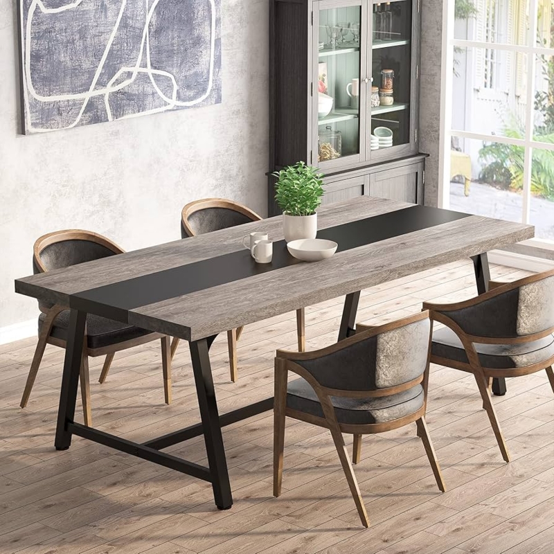 Dining Table Geometric Metal Legs Charcoal Wood For 8 People