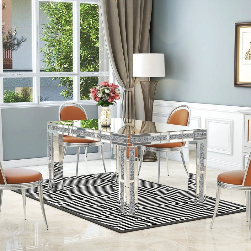 Dining Table Glass Top Mirrored Legs Crushed Diamond Inlay