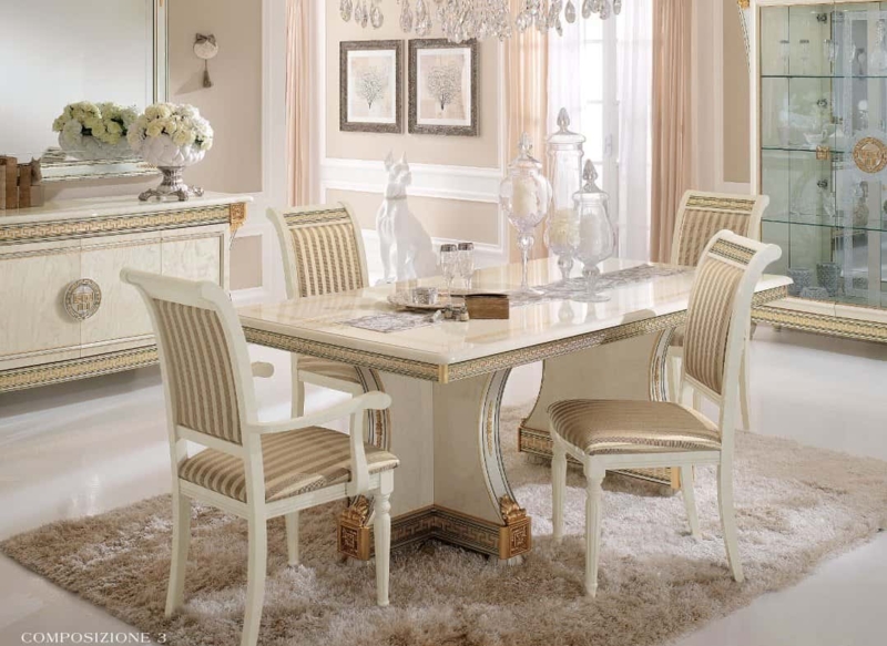 Dining Table Glossy Stone-Like V-Shaped Pedestal Base Metallic Accents