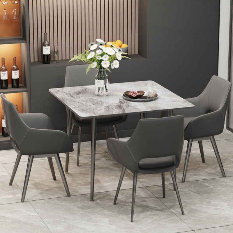 Dining Table Grey Marbled Stone Top Architectural Trestle Base