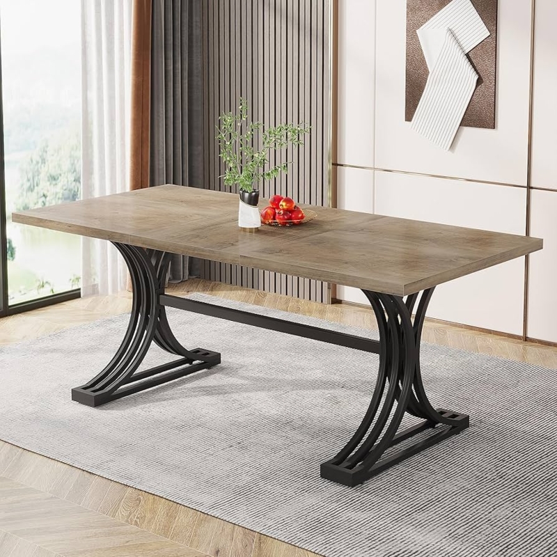 Dining Table Grey Wood Grain Metal Frame Trestle K Shaped Legs