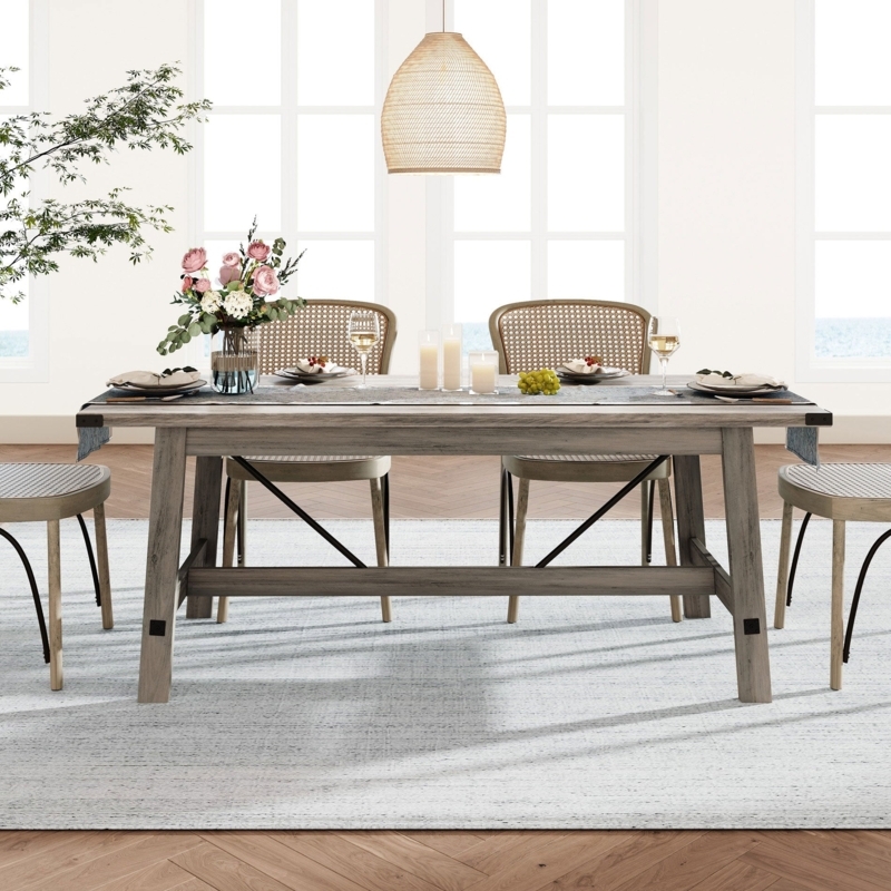 Dining Table Grounded Farmhouse Block Legs Thick Tabletop