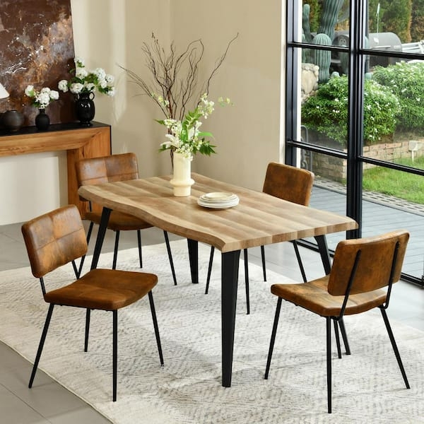 Dining Table Honey Brown Live Edge Wood with Metal Legs