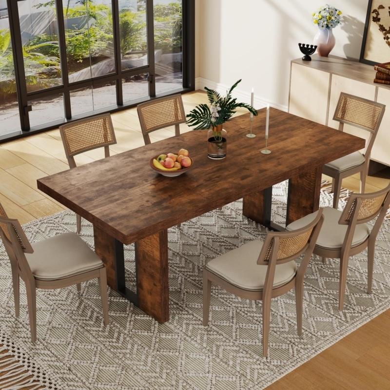 Dining Table, Honey Wood Top & Black Metal X-Base