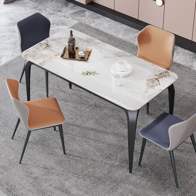 Dining Table Indoor Outdoor Patio White Stone Top Flared Metal Legs
