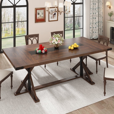 Dining Table Industrial Farmhouse Wood Top Metal Trestle Legs