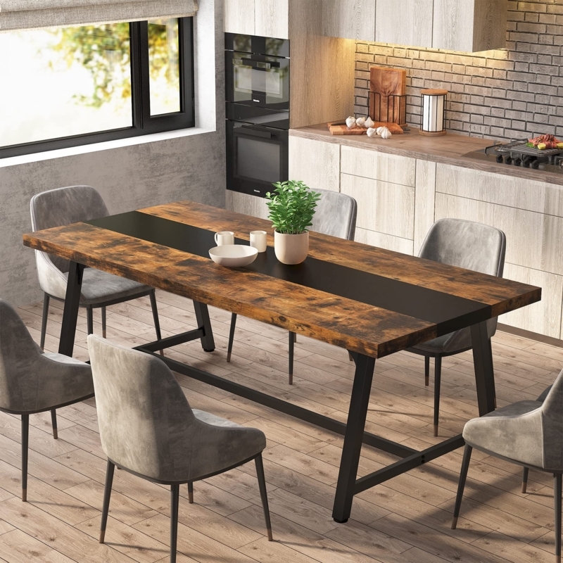 Dining Table, Industrial H-Frame Base, Rustic Brown Wood for 8