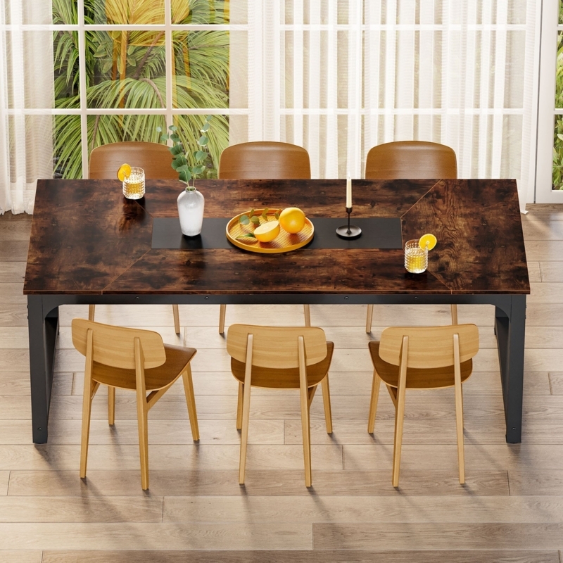 Dining Table Industrial Rustic Brown Wood Metal Sled Base
