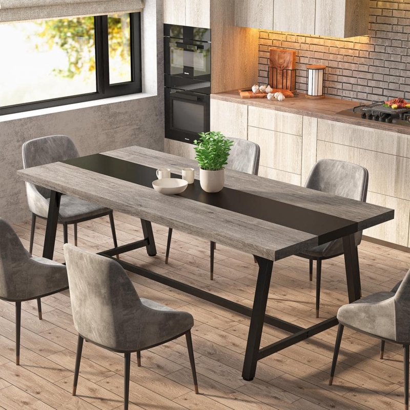 Dining Table Industrial Weathered Gray Finish Chunky Block Legs