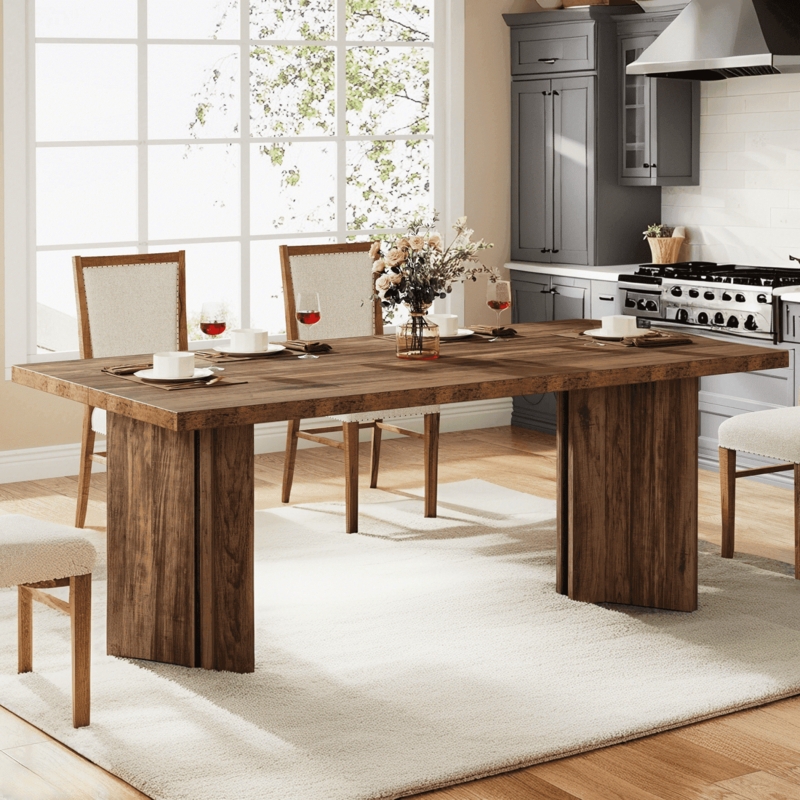 Dining Table Industrial Wood Top X-Frame Base Dark Brown Metal
