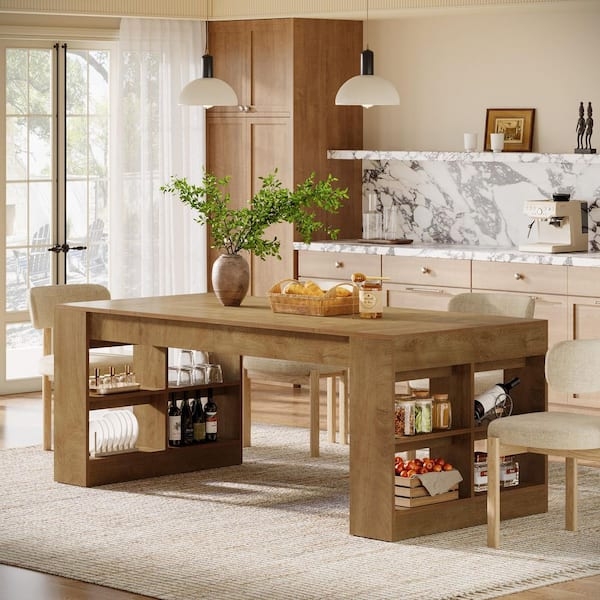 Dining Table Integrated Shelving Trestle Base Rustic Brown Finish
