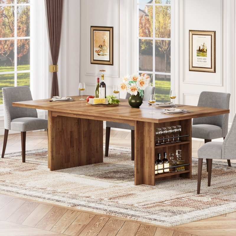 Dining Table Integrated Storage, Two Tone Finish, Farmhouse Pedestal