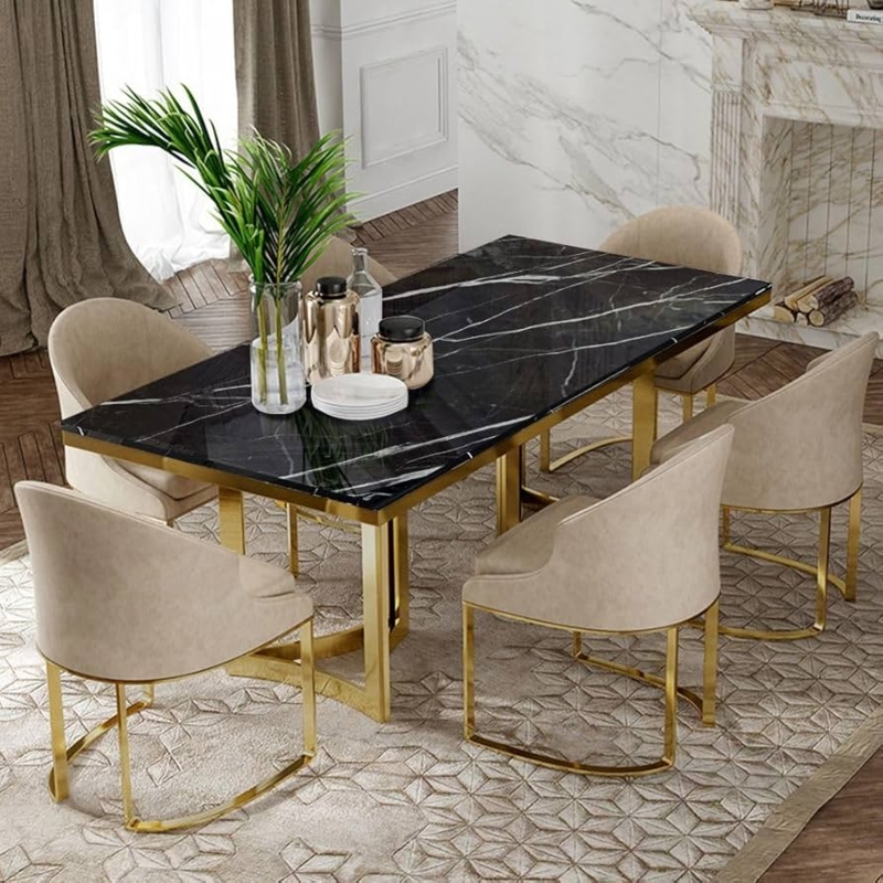 Dining Table Large Rectangular Black Top Gold Trestle Base