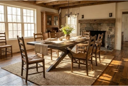 Dining Table Large Rectangular Wood with Black Metal X-Base Legs