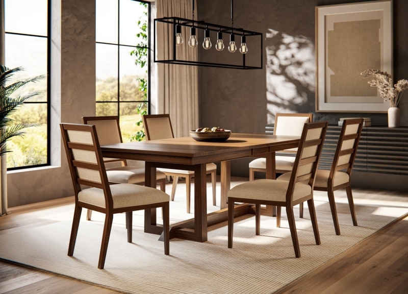 Dining Table Light Brown Wood Toned Black Spindle Back Chairs