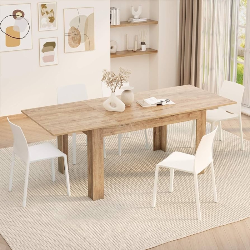 Dining Table Light Oak Extendable with Chunky Block Legs Minimalist Style