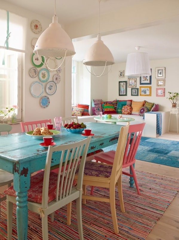 Dining Table Light Wood Rectangular Eclectic Colorful Chairs