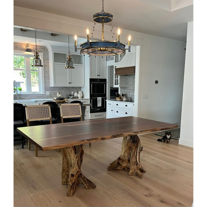 Dining Table Live Edge Natural Wood Slab with Sculptural Tree Stump Base