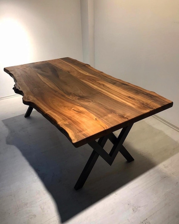 Dining Table Live Edge Walnut Slab Top Industrial Black Metal Base