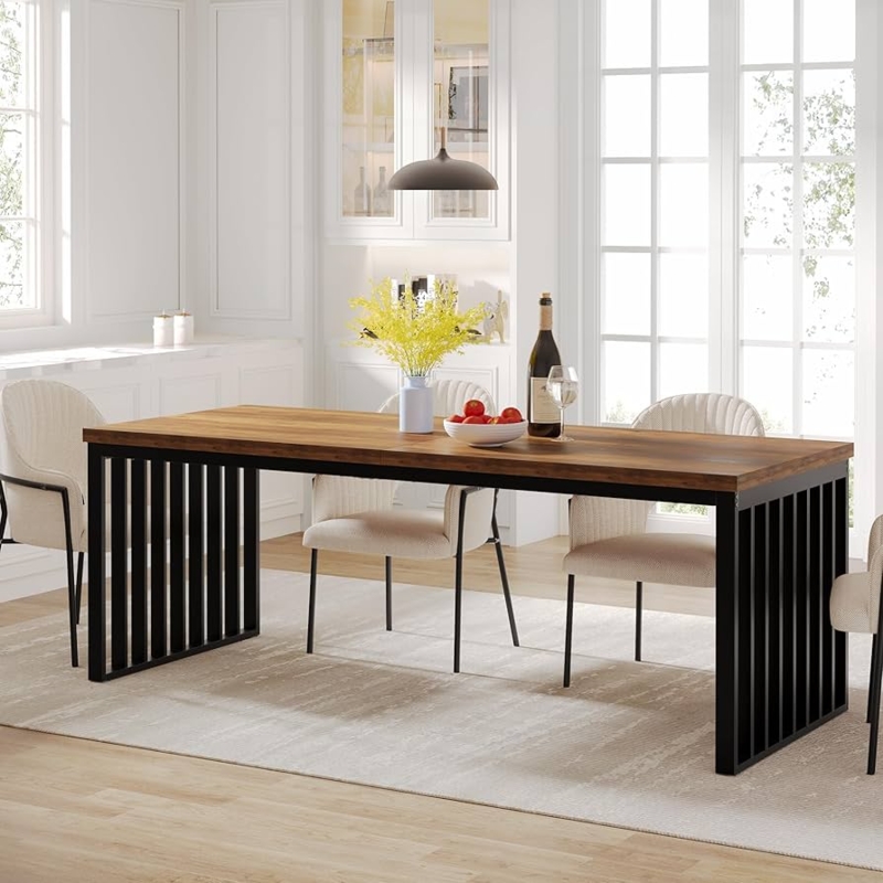 Dining Table Long Rectangular Wood Trestle Base Sturdy Metal Frame