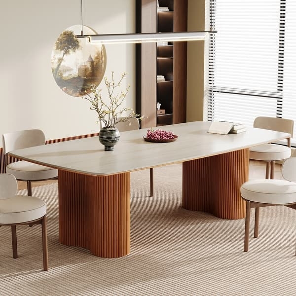 Dining Table Luxury Stone Like Top with Dark Wood Toned Tapered Legs
