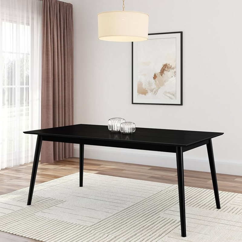 Dining Table Matte Black Finish Angled Tapered Legs Mid Century Modern