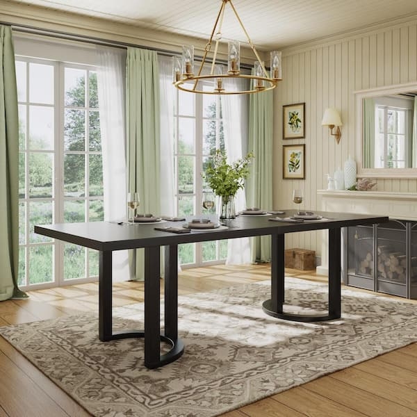 Dining Table Matte Black U-Shaped Legs Trestle Base Double Pedestal
