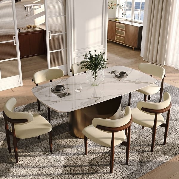 Dining Table minimalist stone-like top black metal X-base rounded