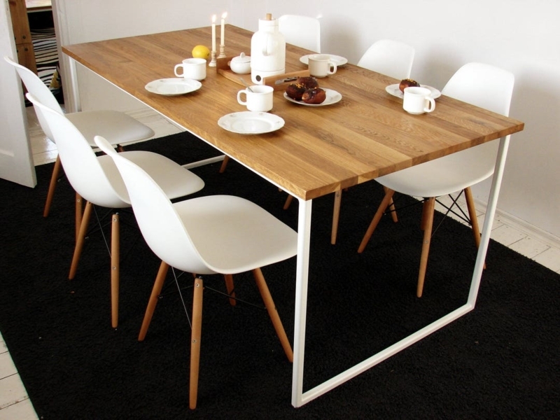 Dining Table Minimalist White Metal Base with Thick Wood Top