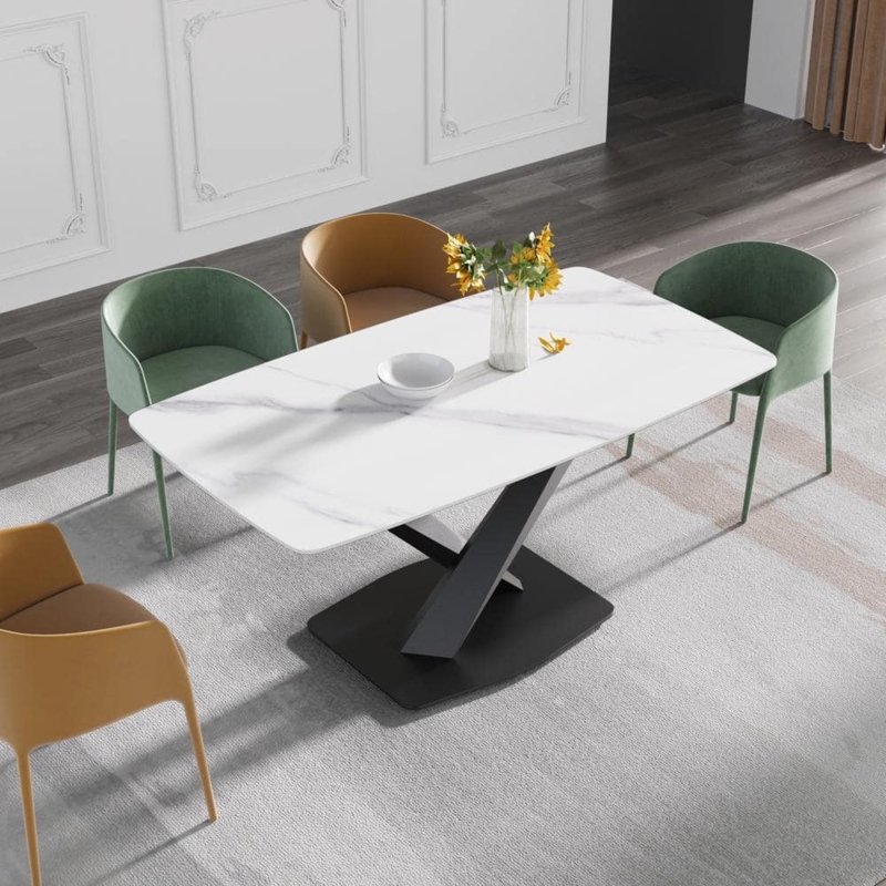 Dining Table Minimalist White Stone Top Geometric Carbon Steel X-Base