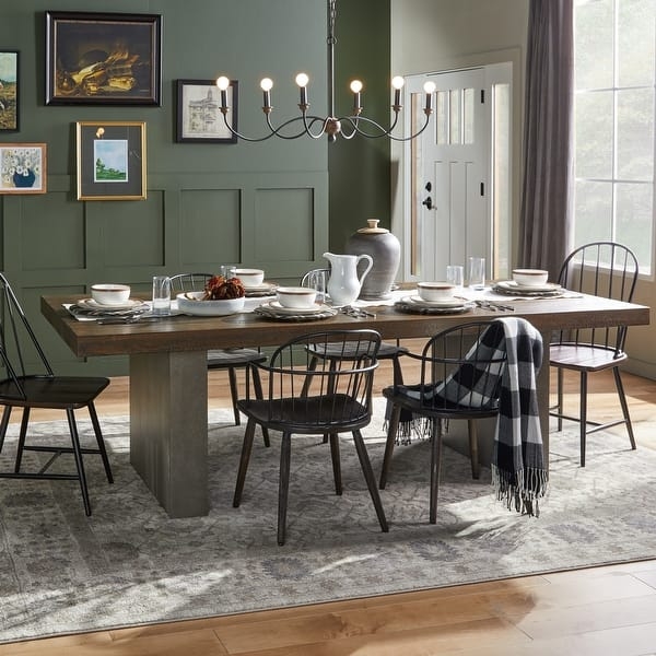 Dining Table Mixed Material Rectangular Stone-Like Reclaimed Wood Pedestal