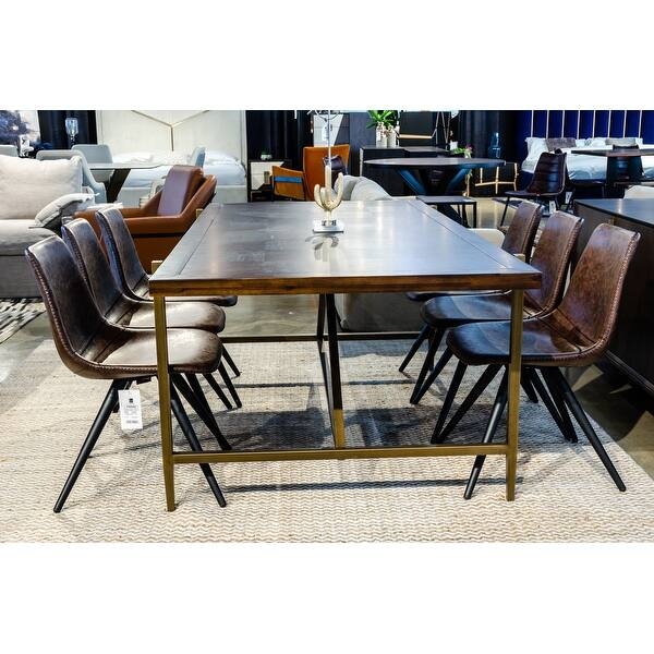 Dining Table Modern Acacia Wood Brass Finish Trestle Base