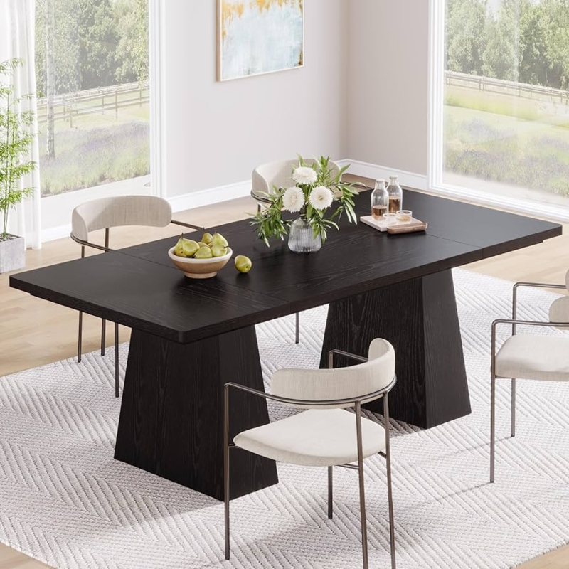 Dining Table Modern Farmhouse Matte Black Double Pedestal Angled Legs