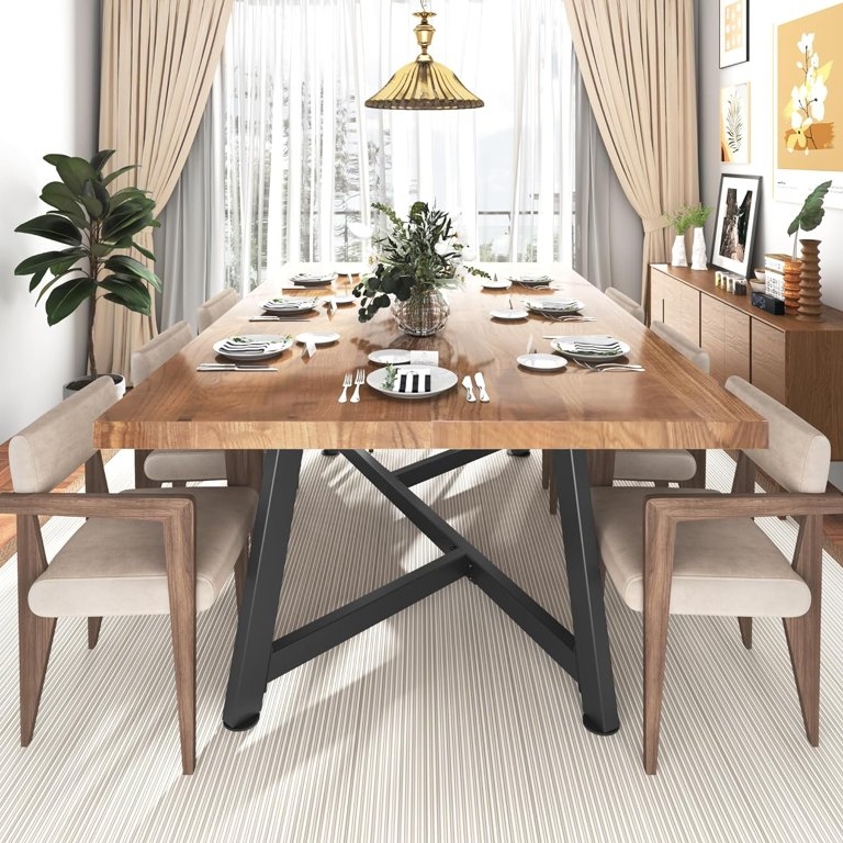 Dining Table Modern Farmhouse X-Frame Legs Wood Toned Metal
