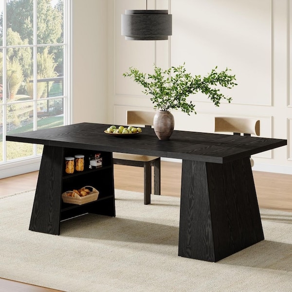 Dining Table Modern Matte Black Double Pedestal Integrated Storage
