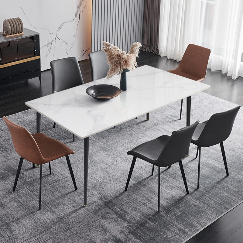 Dining Table Modern Stone Top with Black Trestle Base and Splayed Legs