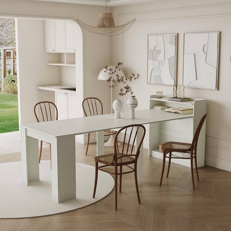 Dining Table Natural Wood Expandable Top with Integrated Storage Base