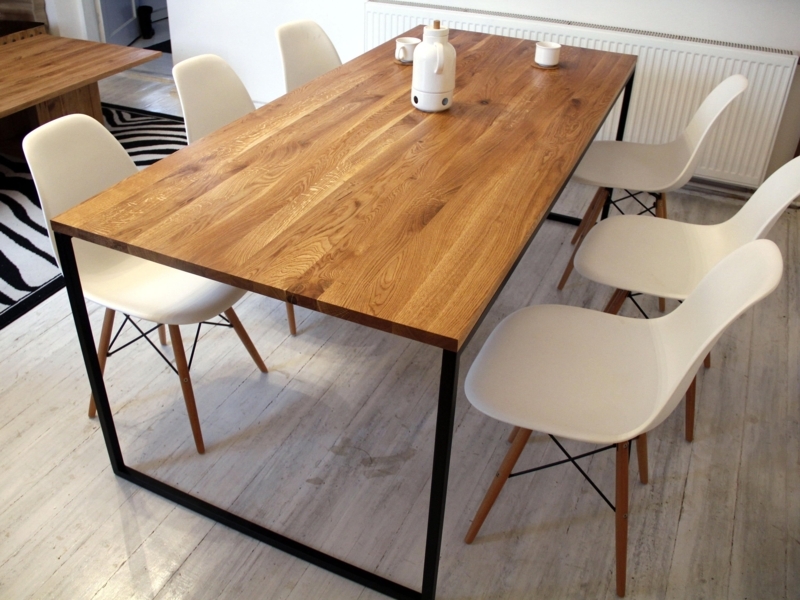 Dining Table natural wood thick top black metal sled base