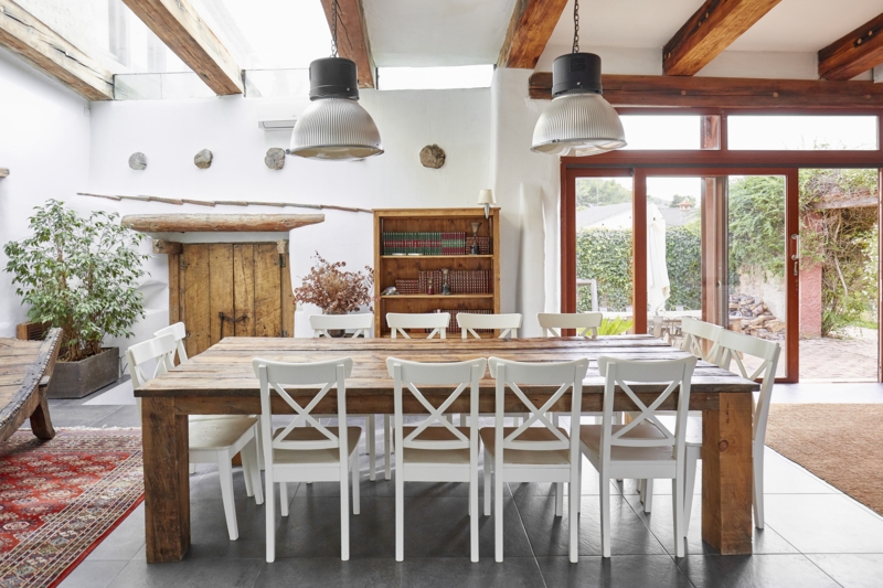 Dining Table Natural Wood X-Back Chairs, Linear Pendant