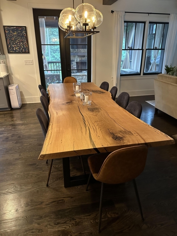 Dining Table Oak Toned Live Edge Wood X-Base Rustic Modern