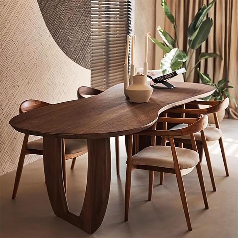 Dining Table Organic Modern Oval Walnut Finish Fluted Double Pedestal