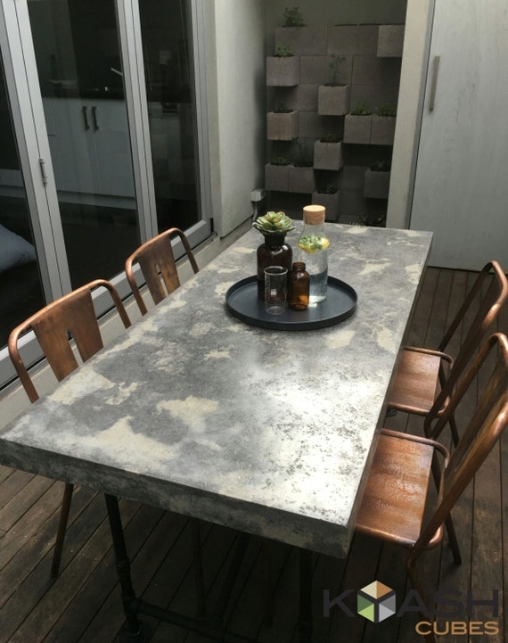 Dining Table Outdoor Patio Steel Base Two-Tone Grey Concrete Look