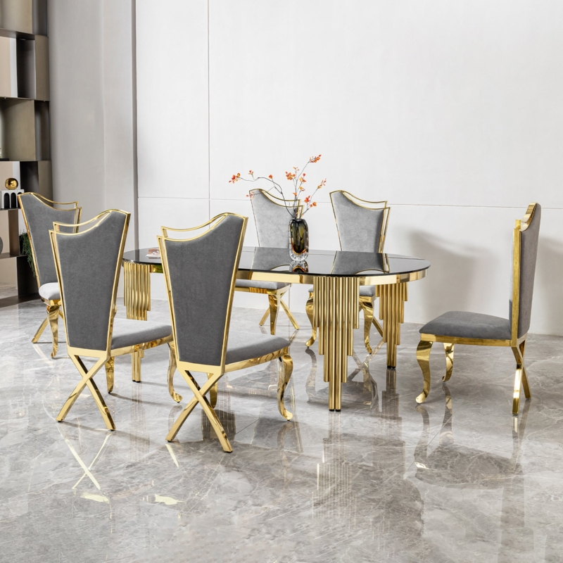 Dining Table Oval Black Glass Top Gold Fluted Pedestal Base Glam