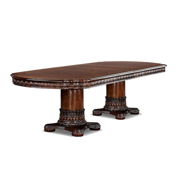 Dining Table Oval Double Pedestal Carved Base Brown Cherry