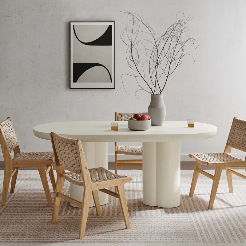 Dining Table Oval Minimalist Concrete Dual Pill Pedestals Off-White