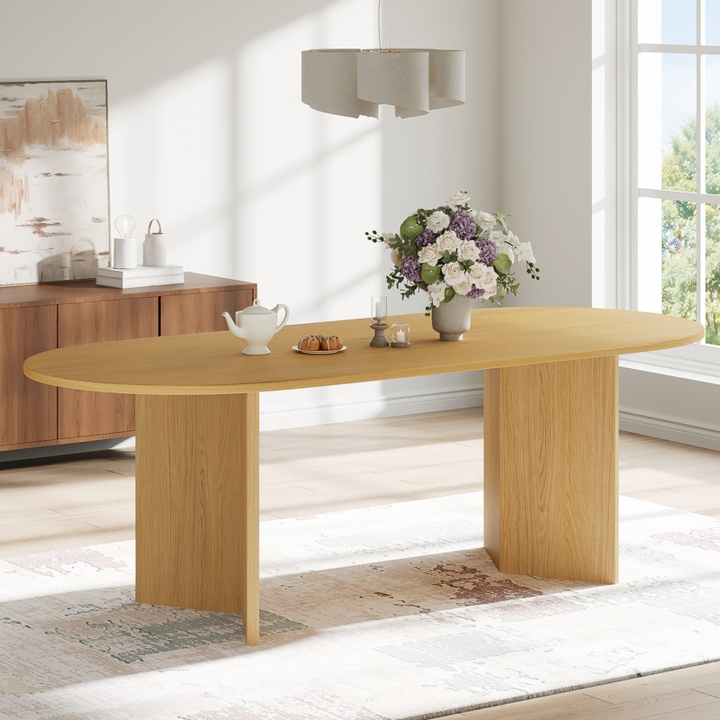 Dining Table Oval Natural Wood Fluted Double Pedestal Japandi Style
